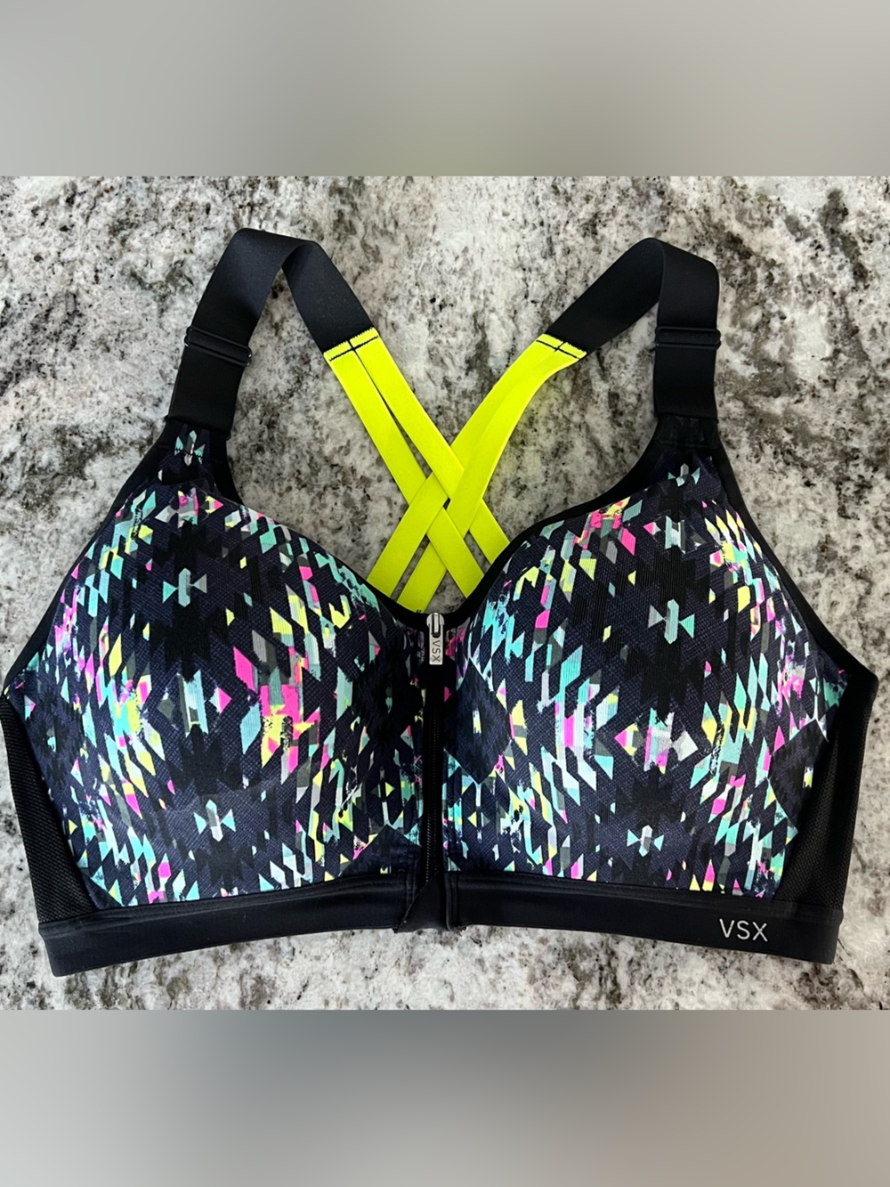 VSX Black Geometric Print Sports Bra with Neon Yellow Straps